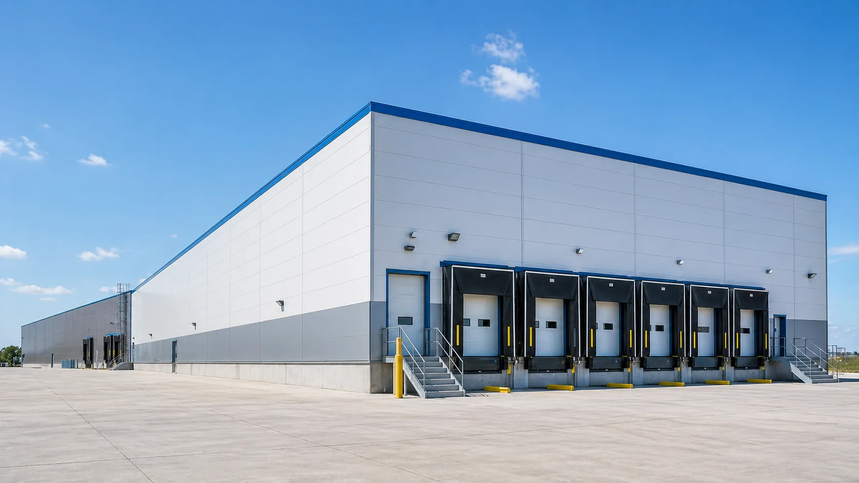 Exterior cold storage warehouse with insulated panels and loading dock doors