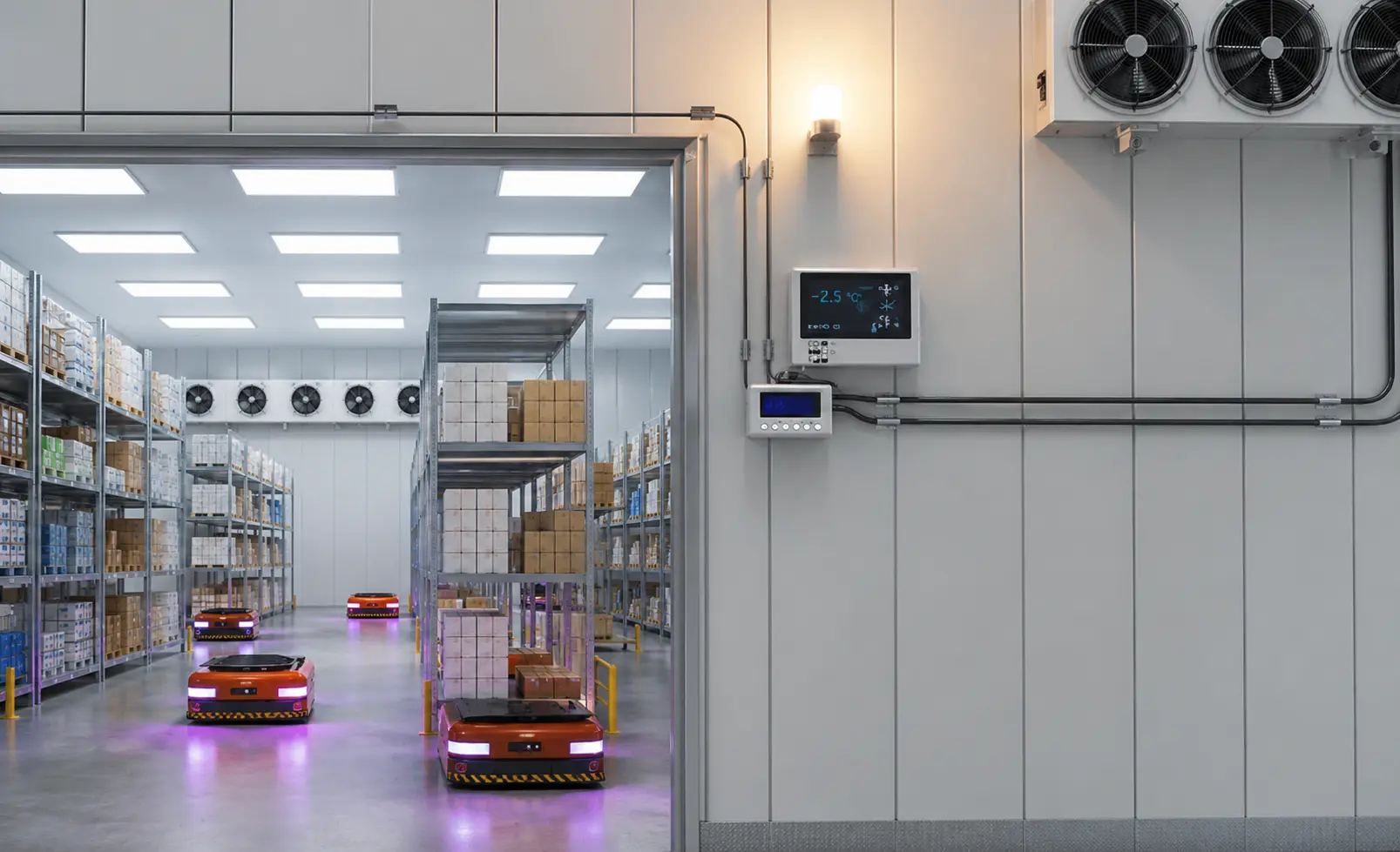 Cold storage warehouse interior with loading docks