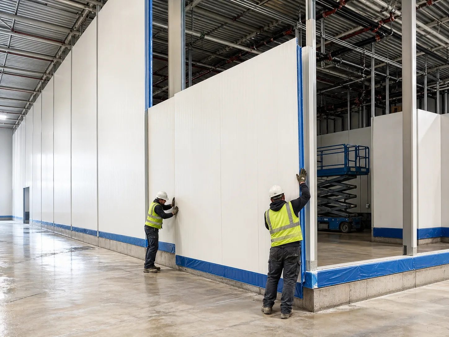 US Cold Storage Builders installing insulated metal panels inside a cold storage facility