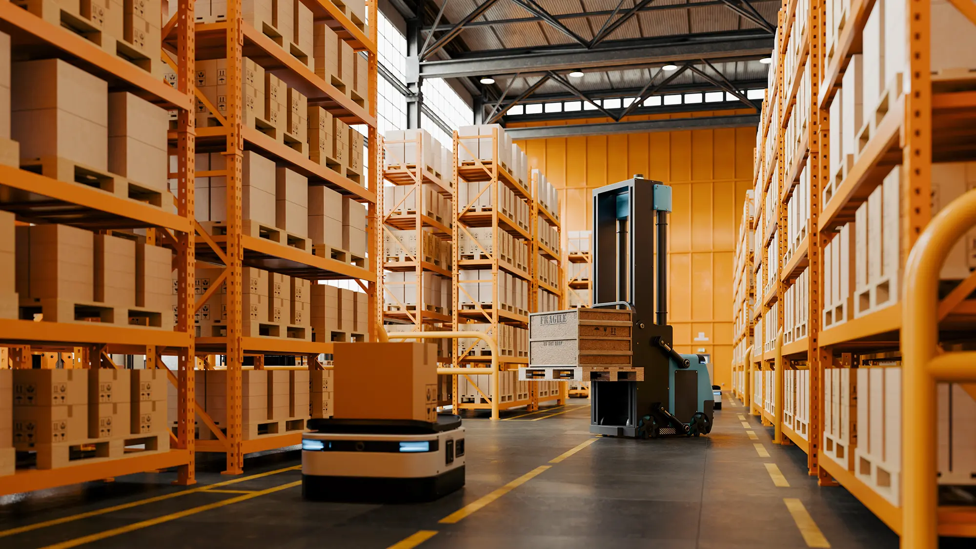 High-throughput 3PL cold distribution center with automated guided vehicles